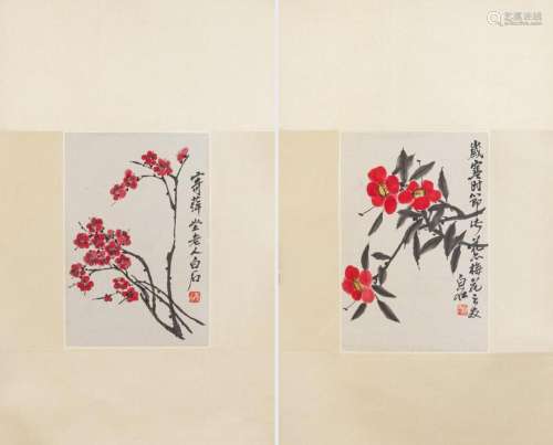 A pair of ink on paper paintings depicting flowers, 11 x 7 1...