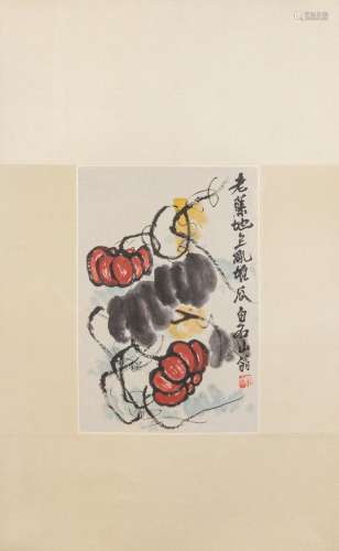 A ink on paper painting depicting gourds on vines, 11 x 7 1/...