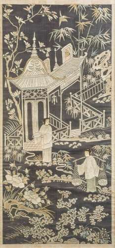 A Chinese framed silk embroidery, 34 1/2 x 15 3/4 in. (87.5 ...