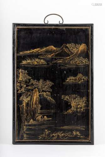 A Chinese black lacquered rectangular panel, 20 x 13 1/2 in....