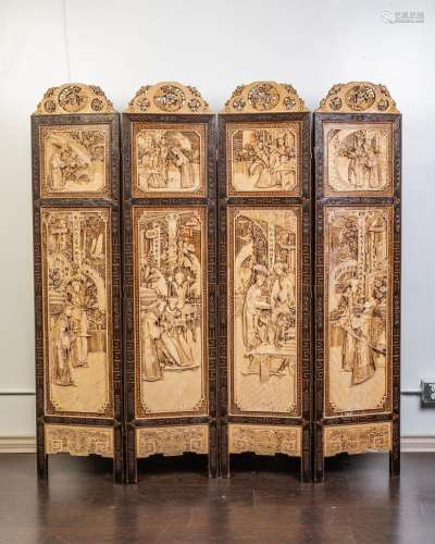 A Chinese carved four-panel folding screen, 70 3/4 x 65 1/2 ...