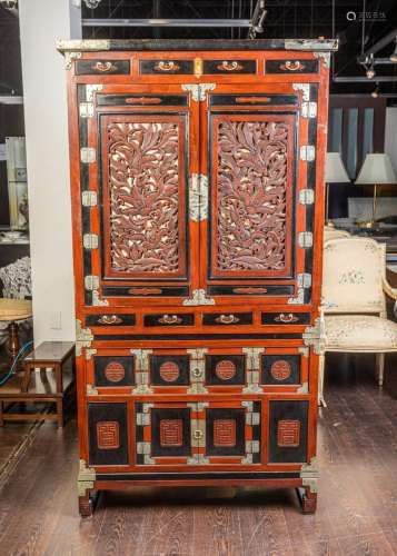 A Chinese red lacquered cabinet, 77 x 42 x 20 1/2 in. (195.5...