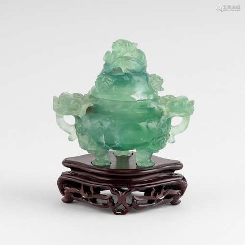 A green quartz incense burner and cover,