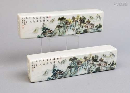 A pair of Chinese porcelain scroll weights, 1 1/4 x 5 1/4 x ...