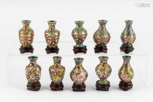 Two boxes each containing six miniature cloisonné vases and ...