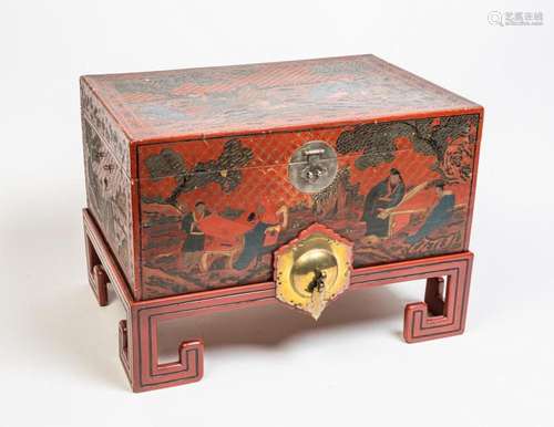 A Chinese red lacquered chest, 20 1/2 x 28 1/4 x 19 1/2 in. ...