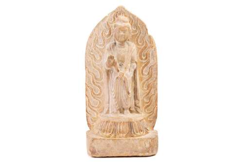 A Chinese carved marble standing Shakyamuni Buddha, Qing, th...