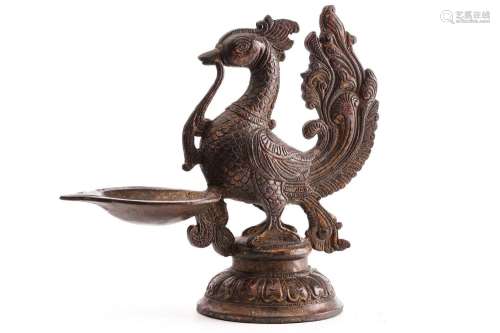 A Chinese bronze model of a South Indian peacock oil lamp, s...