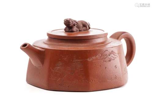 A Chinese yixing octagonal teapot, the knop formed as a recu...