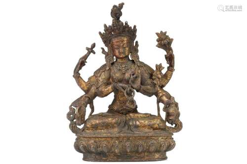 A Chinese Sino Tibetan style bronze Tara, seated in dhyanasa...
