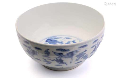 A Chinese porcelain blue & white Cranes bowl, painted wi...