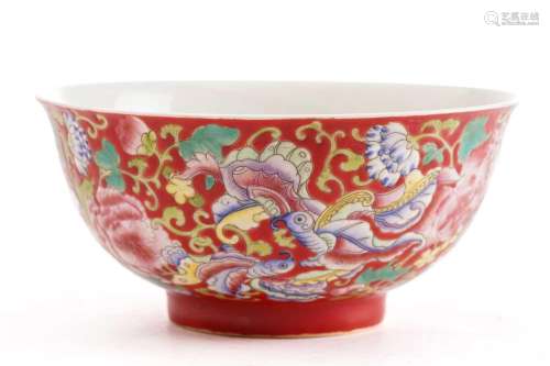 A Chinese porcelain bowl, painted with butterflies amongst f...