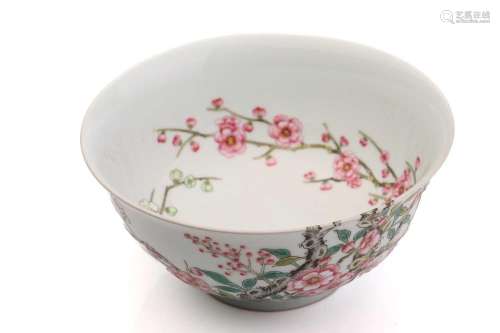 A Chinese porcelain prunus blossom bowl, painted with pink a...