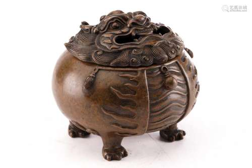 A Chinese bronze censor, modelled as a round and squat Pixiu...