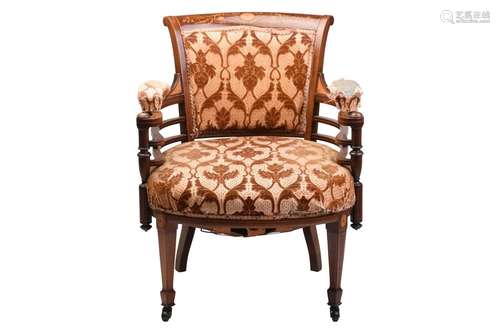 An Edwardian inlaid mahogany scroll-back open arm tub chair,...