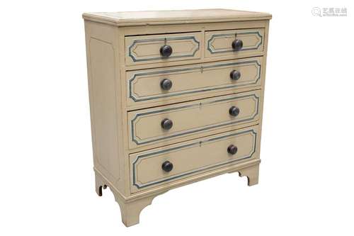 A late Victorian-painted pine chest of drawers with faux inl...