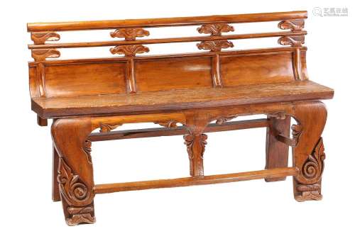 A Chinese elm temple bench, probably late 19th century, with...