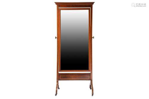 An Edwardian inlaid mahogany cheval dressing mirror with sat...