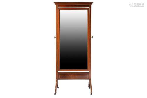 An Edwardian inlaid mahogany cheval dressing mirror with sat...