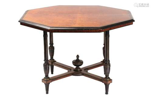 A late Victorian ebonized and amboyna veneered octagonal cen...