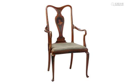 An Edwardian satinwood effect open armchair painted with Neo...