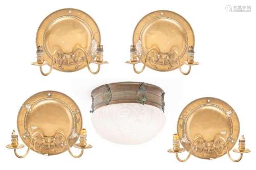 Four early 20th century brass twin branch wall lights, with ...