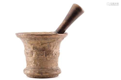 A bronze pestle and mortar, the mortar with collared taperin...