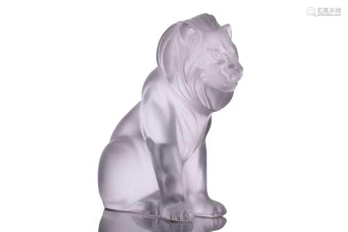 A Lalique `Bamara` frosted glass sculpture of a lion seat on...