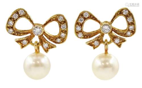 Pair of 18ct gold pearl and diamond bow pendant stud earring...