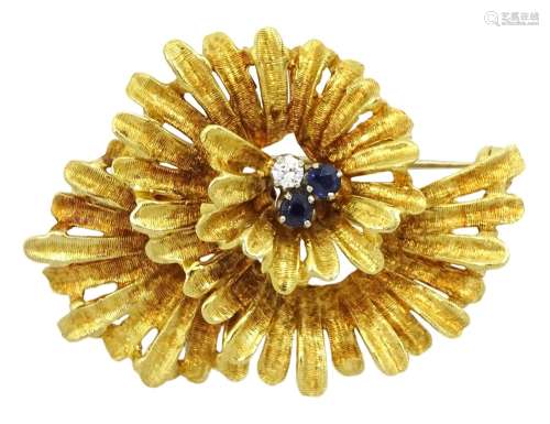 18ct gold three stone diamond and sapphire stylised flower b...