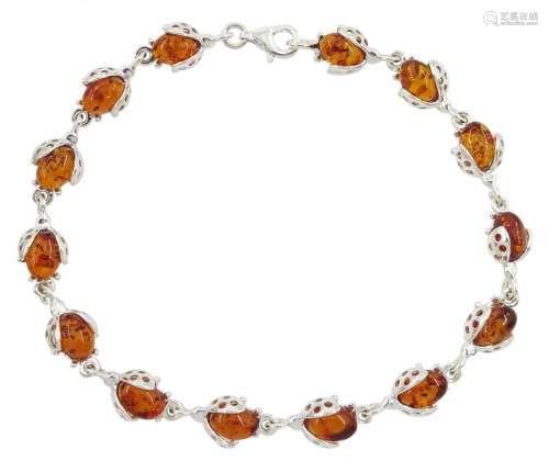 Silver Baltic amber ladybird link bracelet