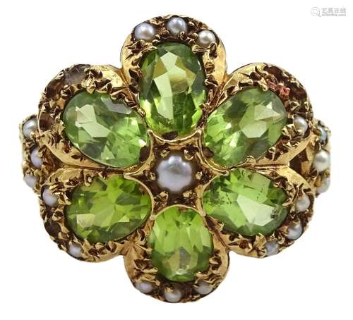 9ct gold six stone peridot and split pearl flower cluster ri...