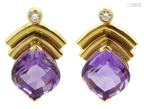 Pair of 18ct gold amethyst and round brilliant cut diamond