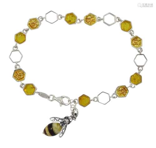 Silver Baltic amber bee and honeycomb link bracelet