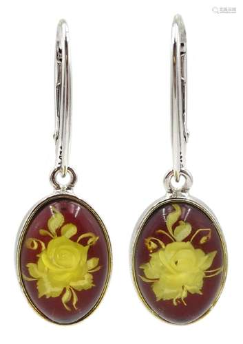 Pair of silver oval amber engraved rose pendant earrings