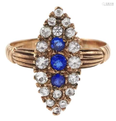 Edwardian 9ct rose gold marquise shaped blue and clear paste...