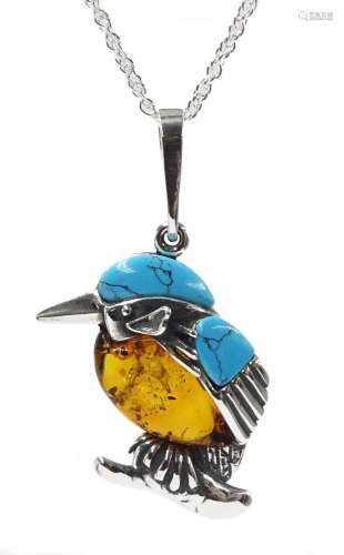 Silver Baltic amber and turquoise Kingfisher pendant necklac...