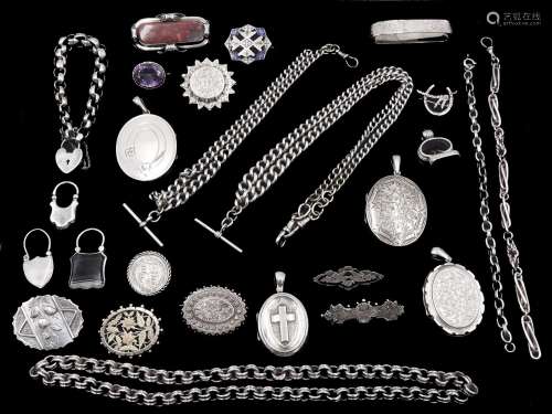 Victorian and later silver jewellery including two Albert ch...