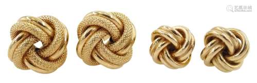 Two pairs of 9ct gold knot design stud earrings