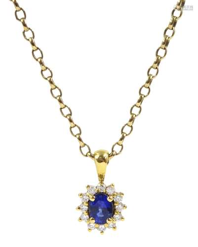 18ct gold oval sapphire and round brilliant cut diamond pend...