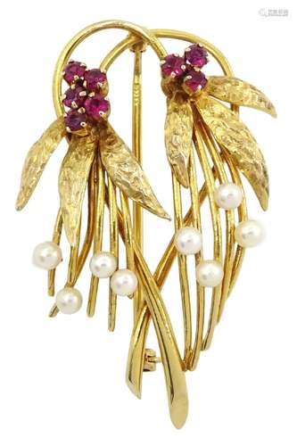 9ct gold ruby and pearl stylized flower brooch