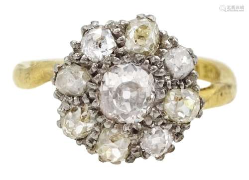 18ct gold old cut diamond cluster ring stamped 18ct Plat