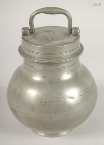 AN 18TH CENTURY FRENCH PEWTER BULBOUS CAN AND COVER with car...