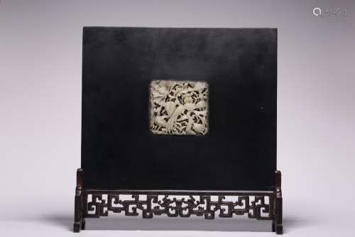 Chinese hardwood painted black lacquer inlaid with white jad...