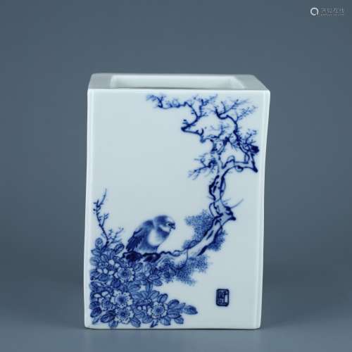 Wang Bu blue and white flower and bird pattern square pen ho...