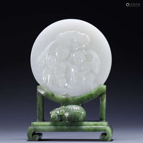 Hetian jade jasper base with white jade interstitial screen ...