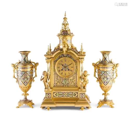 Set of three 19th century enamel and gilt clocks