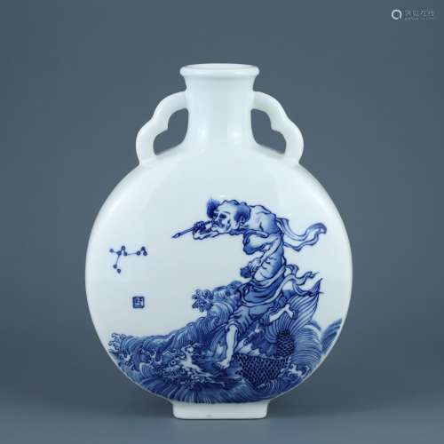 Wang Bu blue and white top-notch flat bottle with two ears