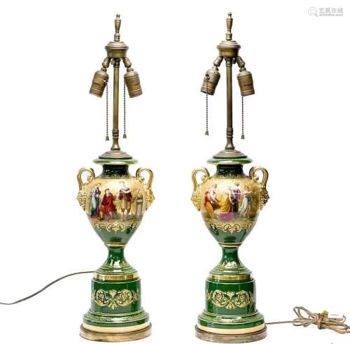 Pair of hand-painted porcelain lamps in the 20th century