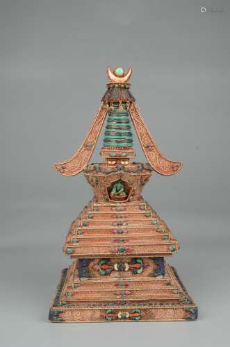 Bronze Filigree Inlaid Treasure Pagoda